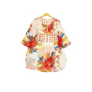 Fig And Flower Womens Tunic 1X‎ Artsy Floral Button Up Sheer 3/4 Slv Pockets Top